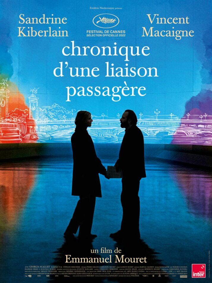 affiche du film "chronique d'une liaison passagère" d'Emmanuel Mouret : deux silouhettes (sandrine kiberlain et vincent macaigne) en ombres chinoises devant un fond coloré