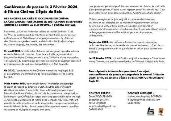 Des anciens salariés et occupants du cinéma La Clef lancent une action en justice pour le défendre le 3 février